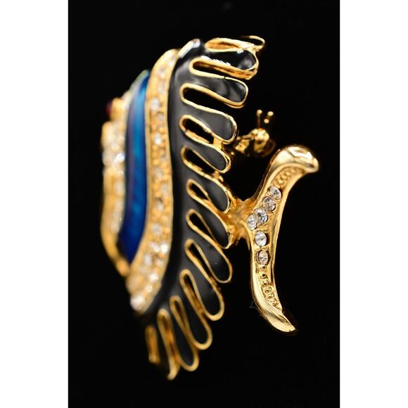 Vintage Fish Pin Brooch Blue Black Enamel Gold Rhinestone Crystal Chunky Bin5A - Picture 4 of 12